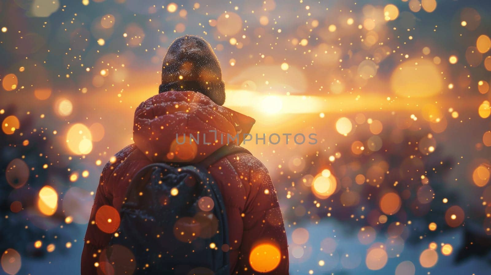 A person in a red jacket standing on snow covered ground, AI by starush