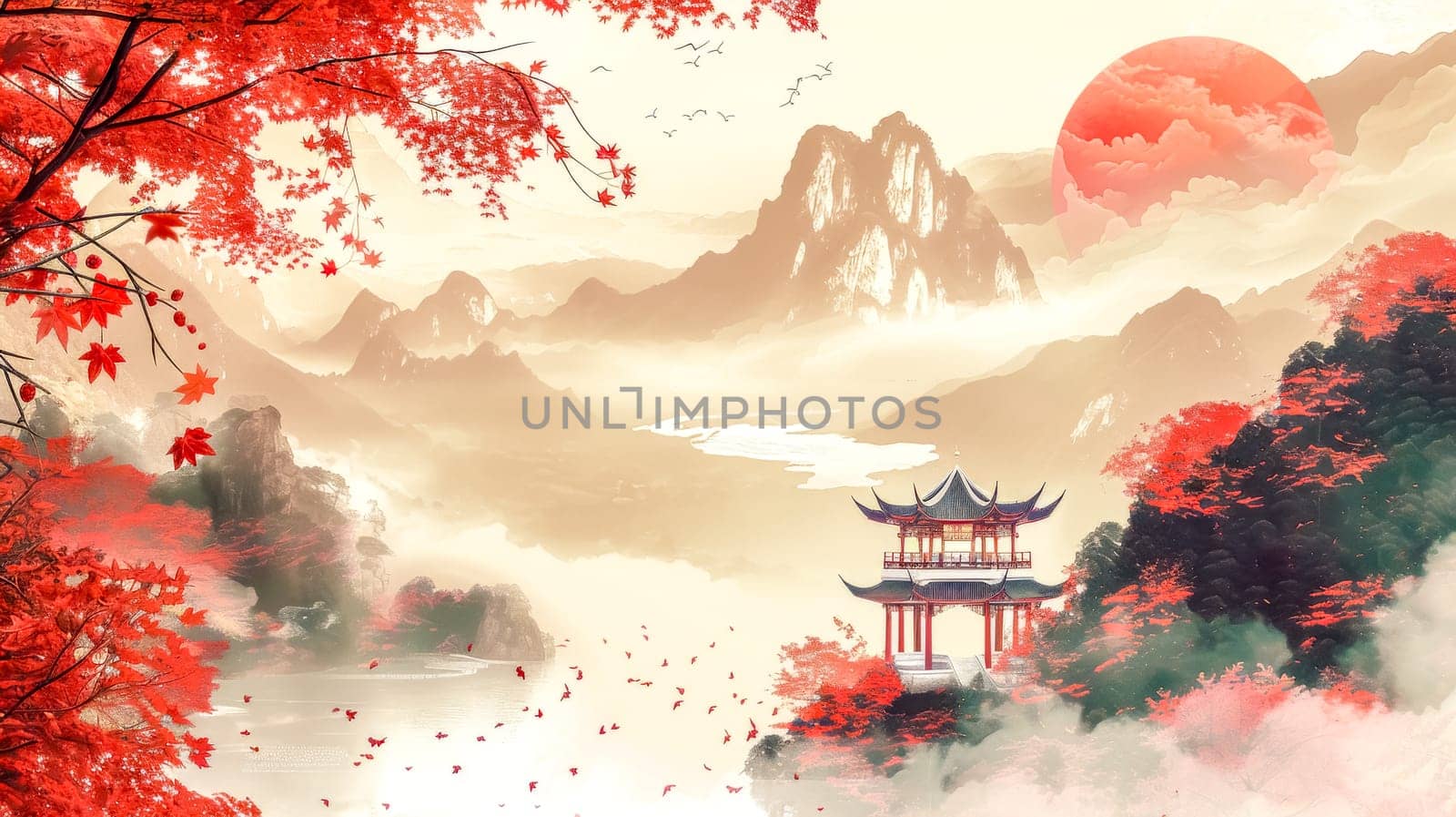 Tranquil scene depicting a traditional asian pavilion amidst mountains with autumn trees