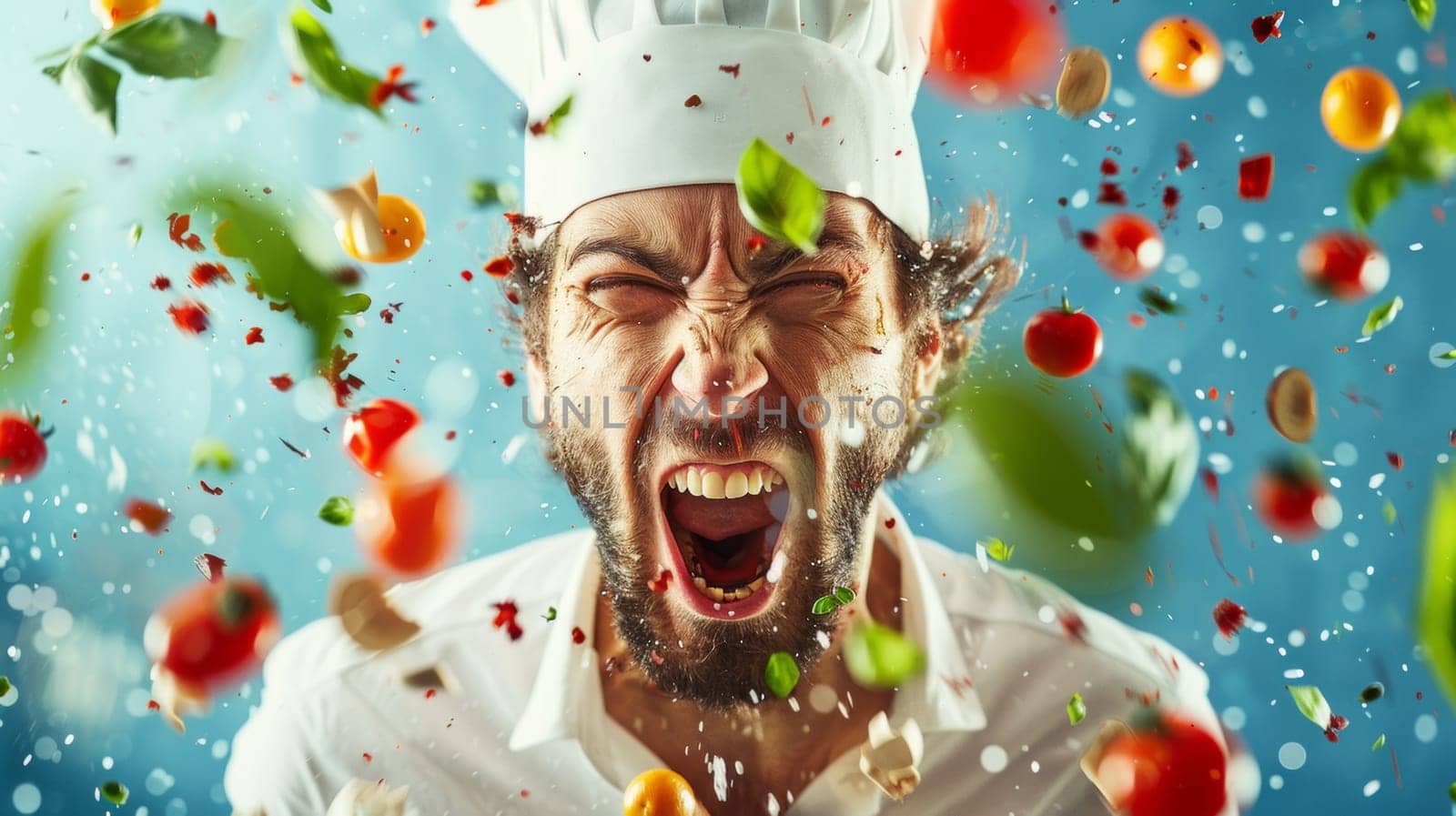 A man in a chef hat with fruit flying around him