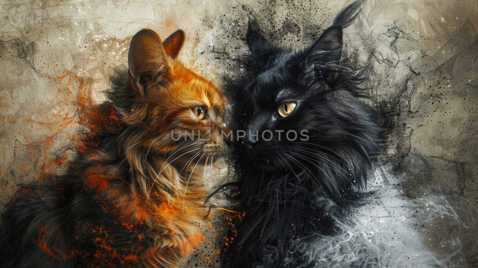 A painting of two cats face each other with one black and the other orange, AI by starush