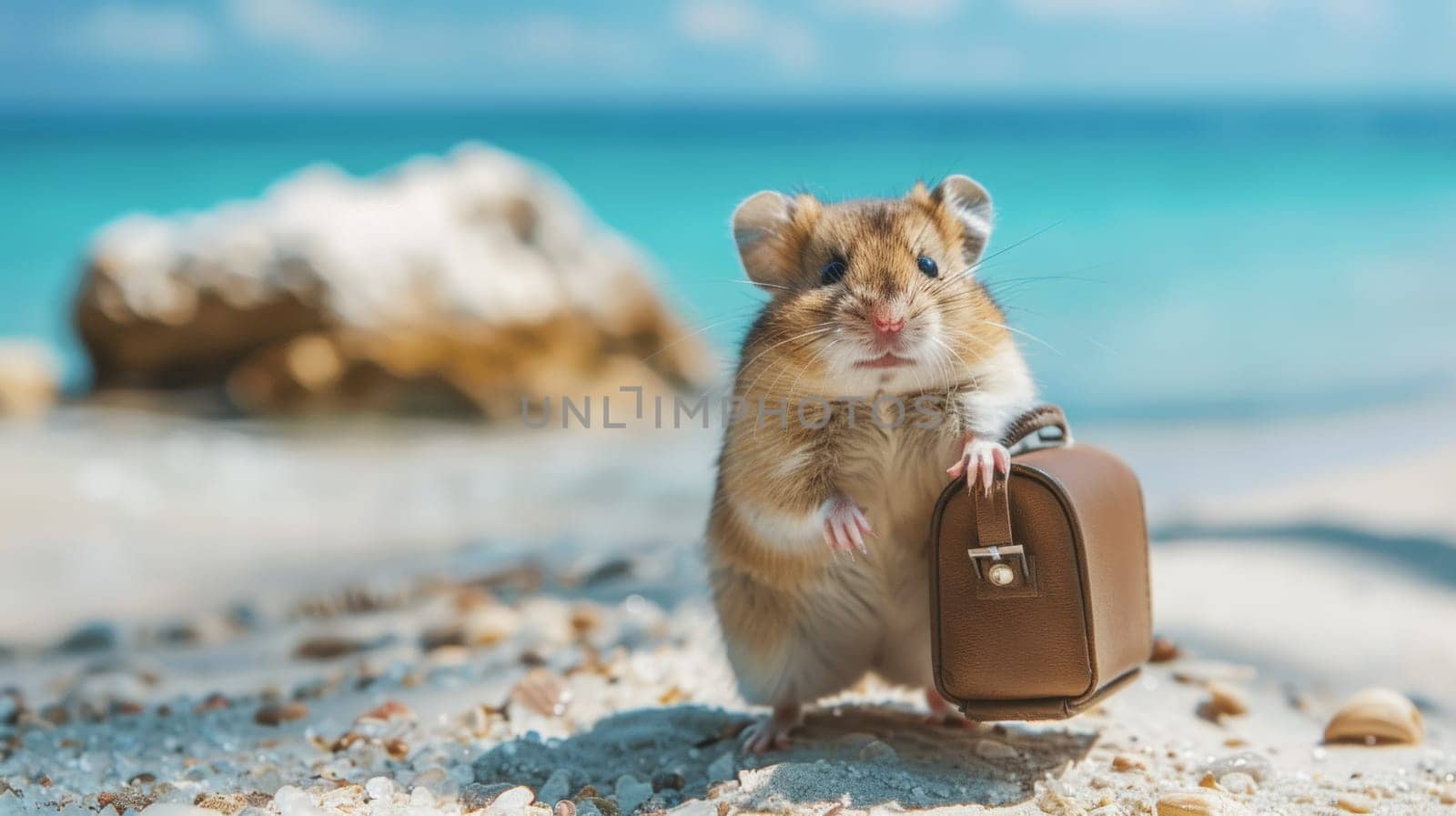 A hamster with a brown suitcase on the beach, AI by starush