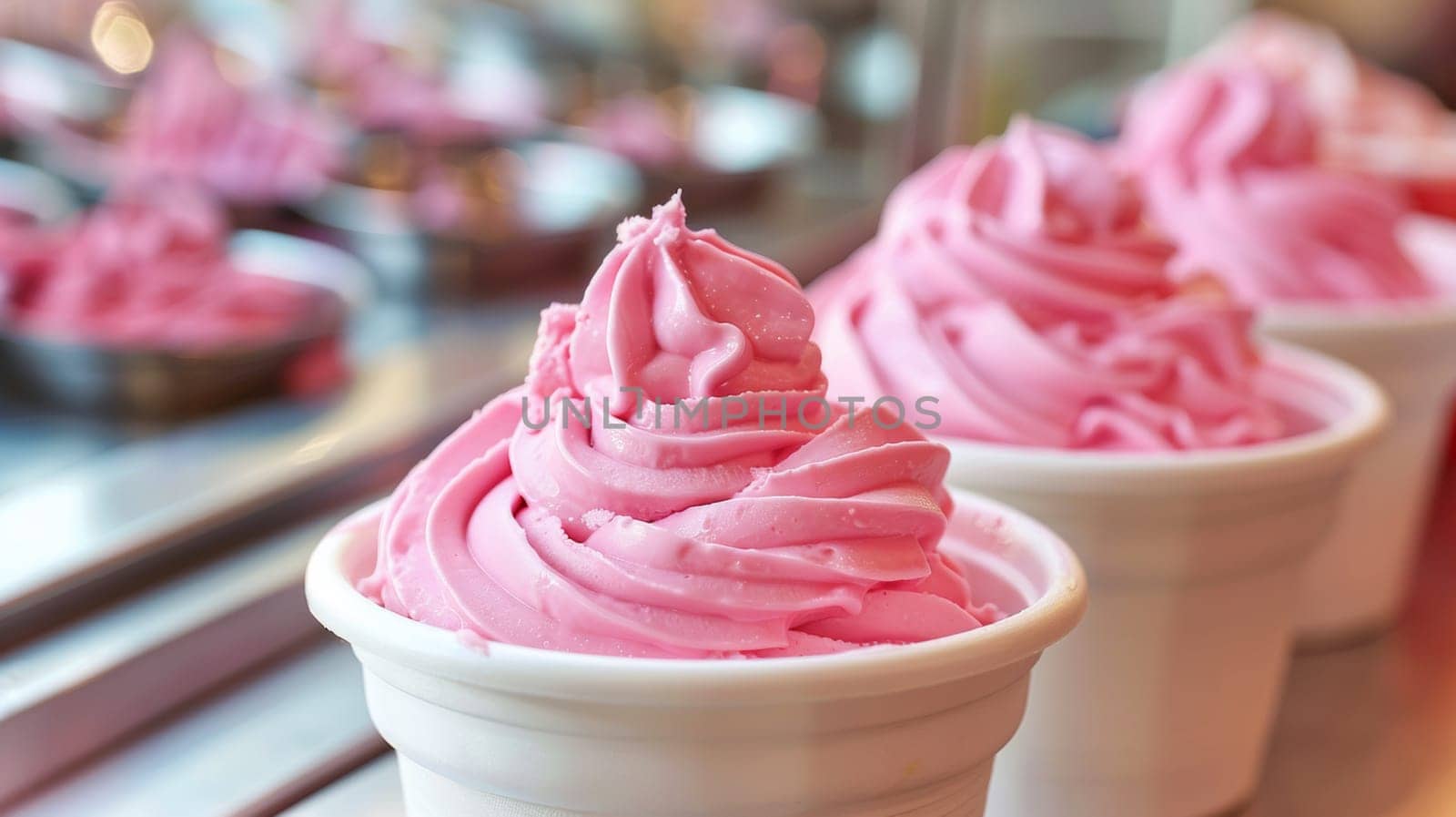 A row of cups filled with pink frosting sitting on a counter, AI by starush