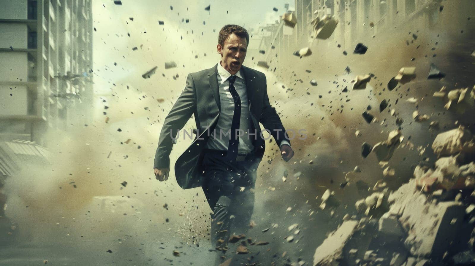A man in a suit and tie running through the city