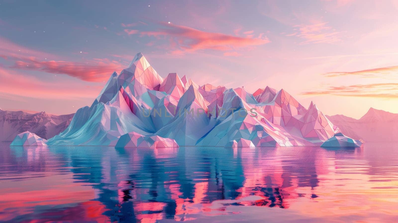 A large iceberg floating in the water with a pink sky