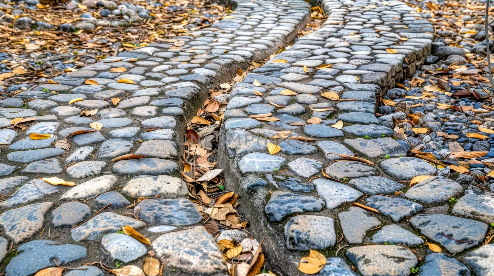 Low-angle view of winding cobblestone pathways surrounded by fallen autumn leaves