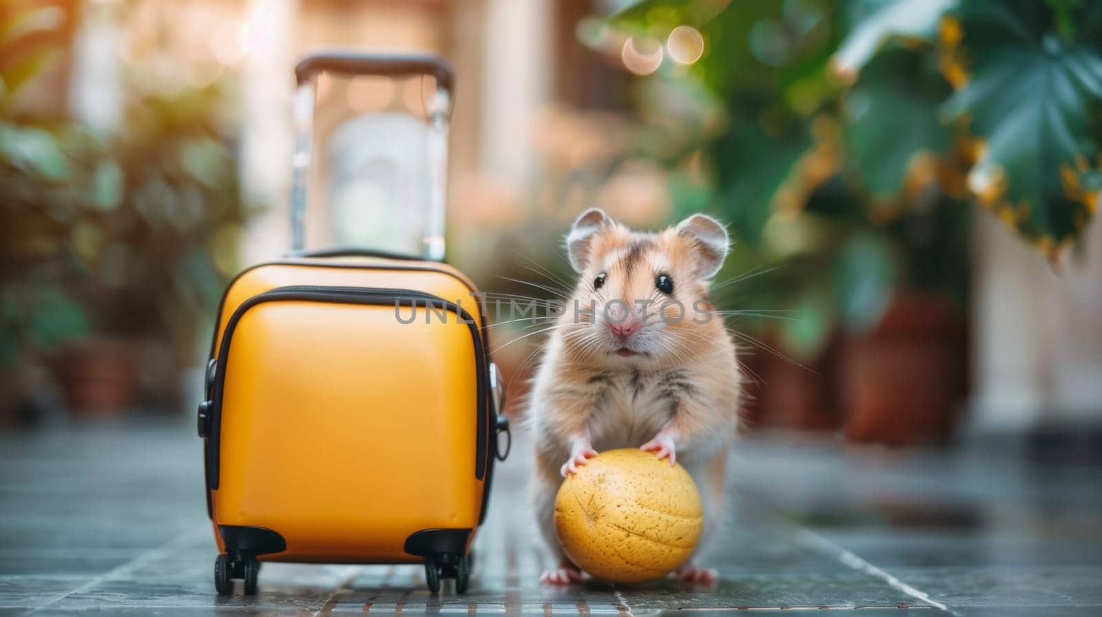 A hamster with yellow ball next to a suitcase on tile