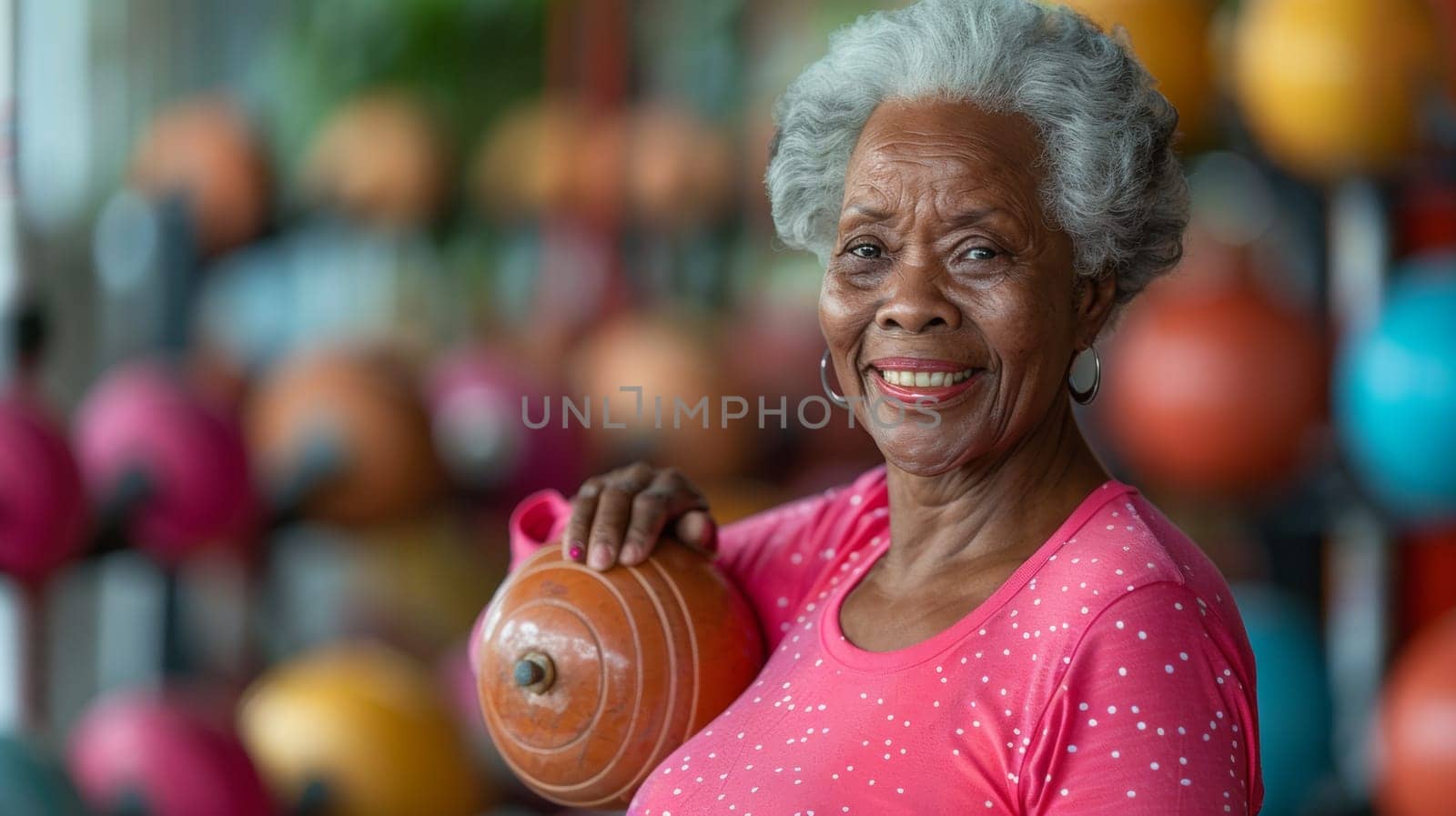 An older woman holding a large ball in her hand