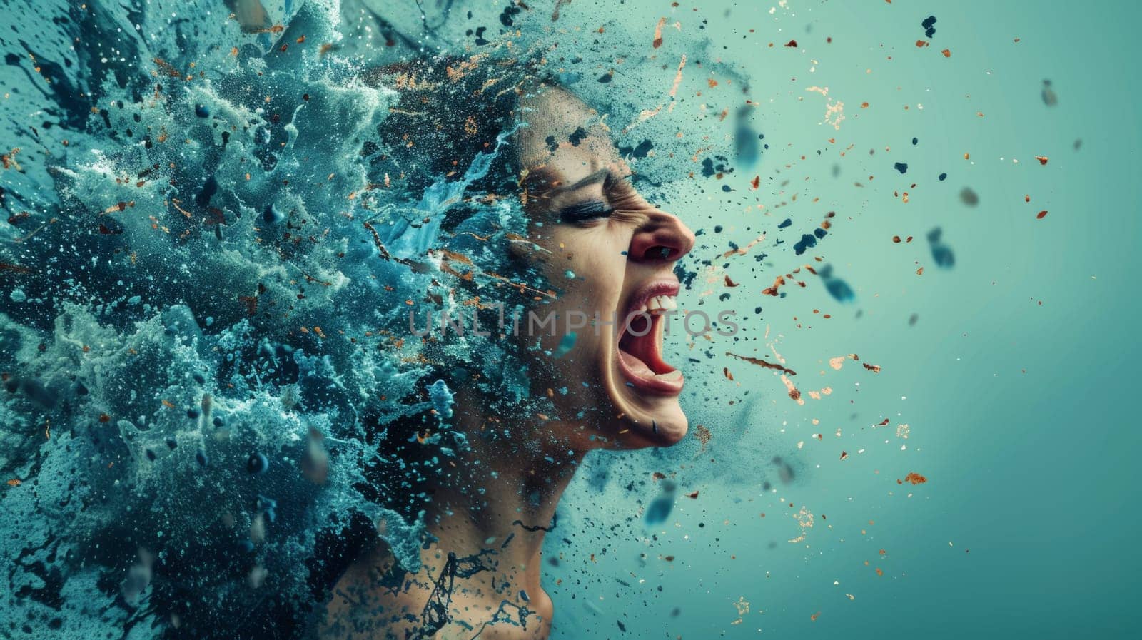 A woman with her mouth open and water splashing out of it