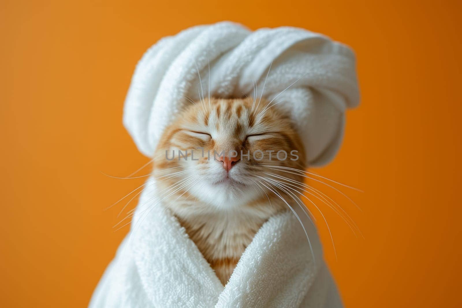 A happy morning image. A red-haired cat in a bathrobe and with a towel on his head rejoices on an orange background.