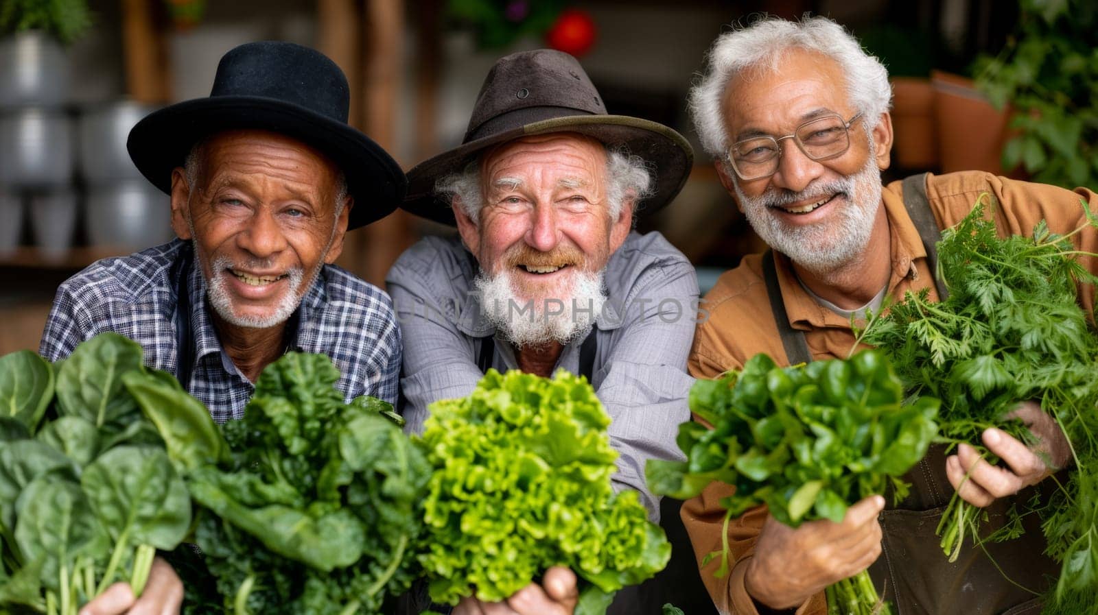 Three men with hats and beards holding up green vegetables