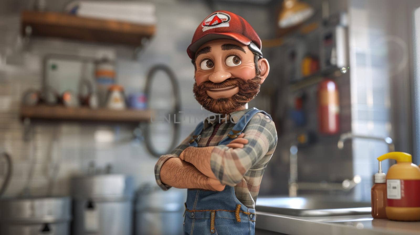 A cartoon character in a kitchen with his arms crossed