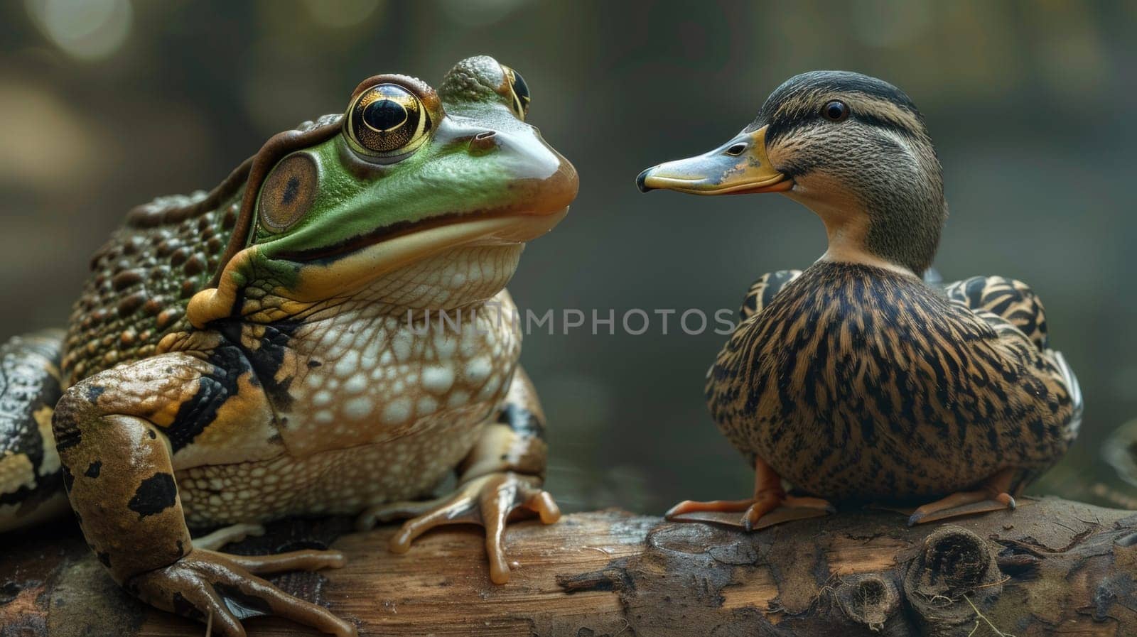 A frog and duck sitting on a log with the frog looking at it