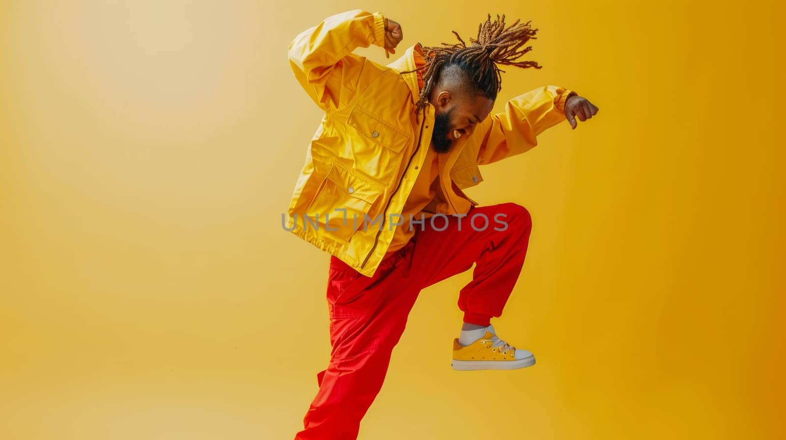 A man in a yellow jacket doing tricks on his skateboard