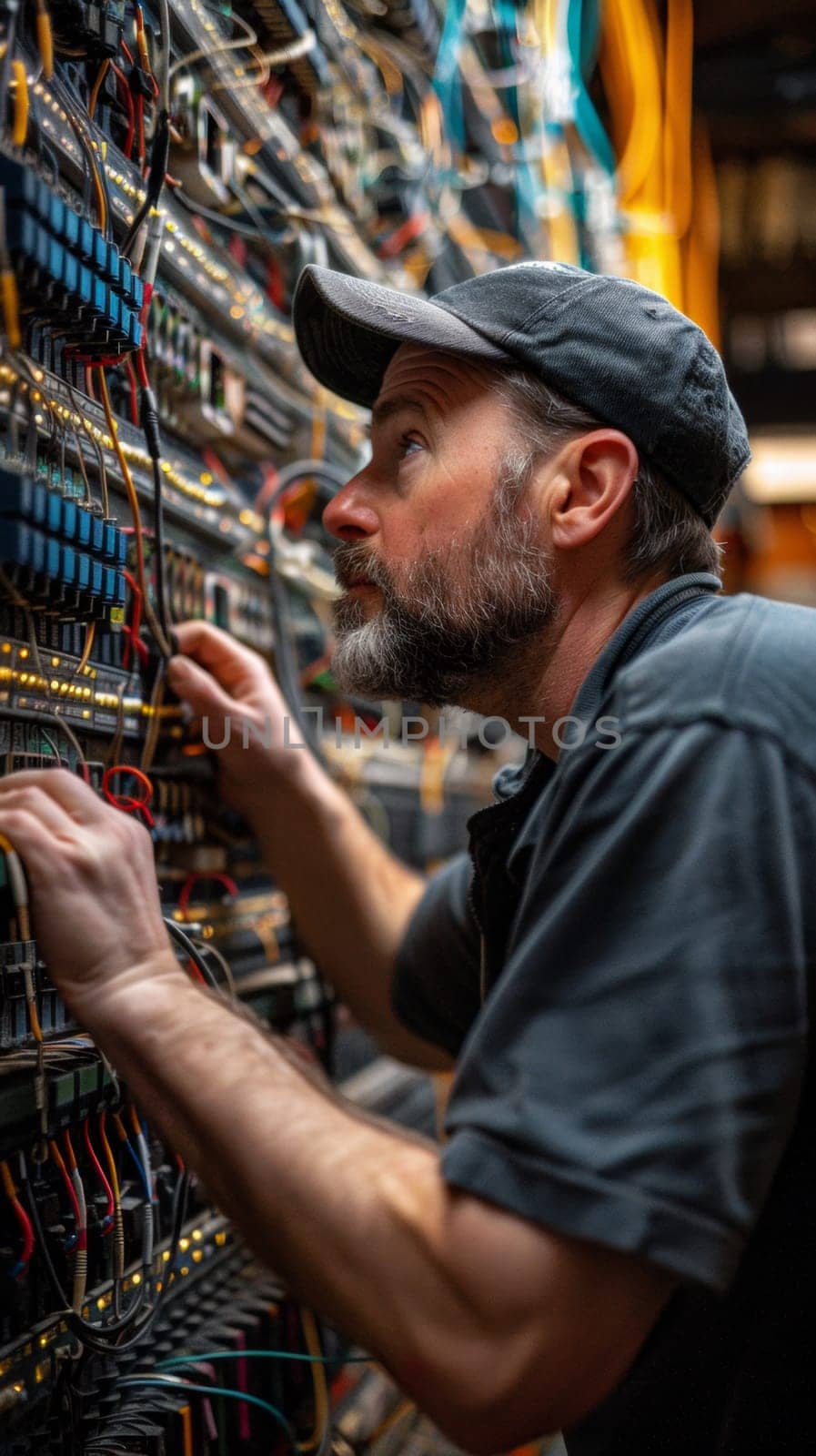 A man in a hat looking at wires on an electronic device