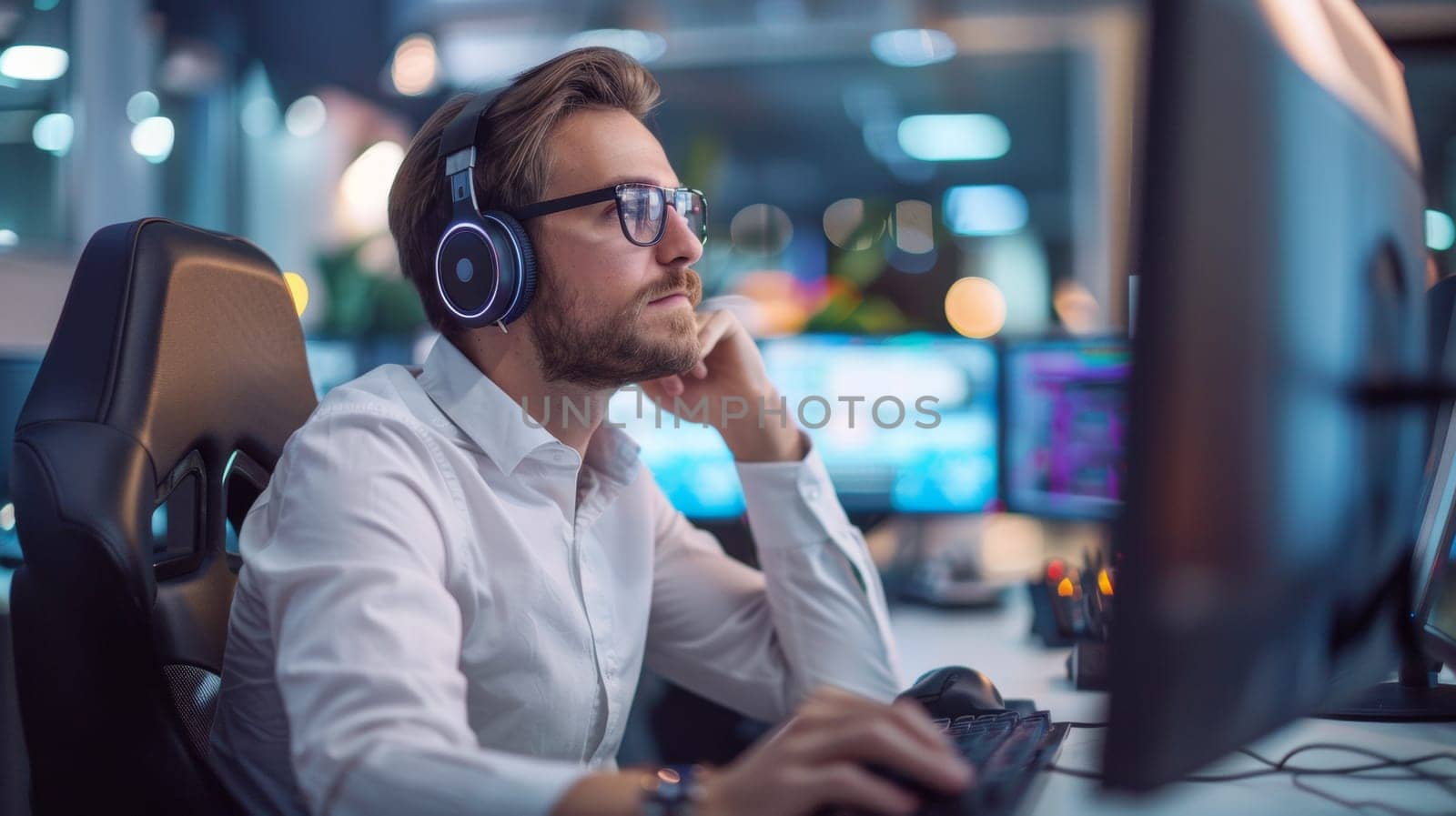 A man in glasses wearing headphones at a computer desk