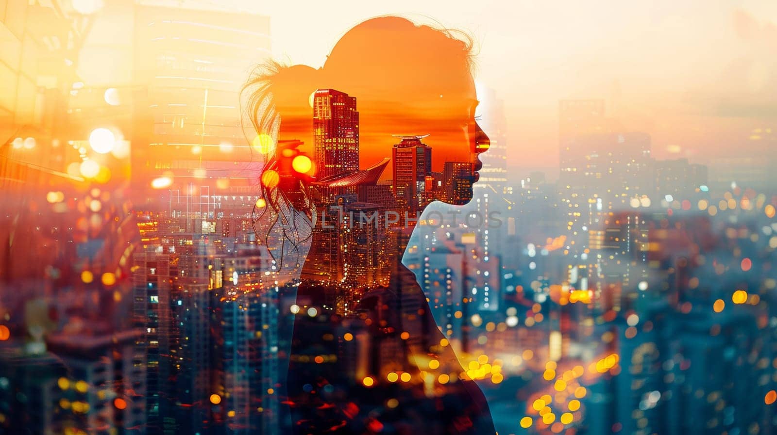 A woman's silhouette in a cityscape with the skyline behind her