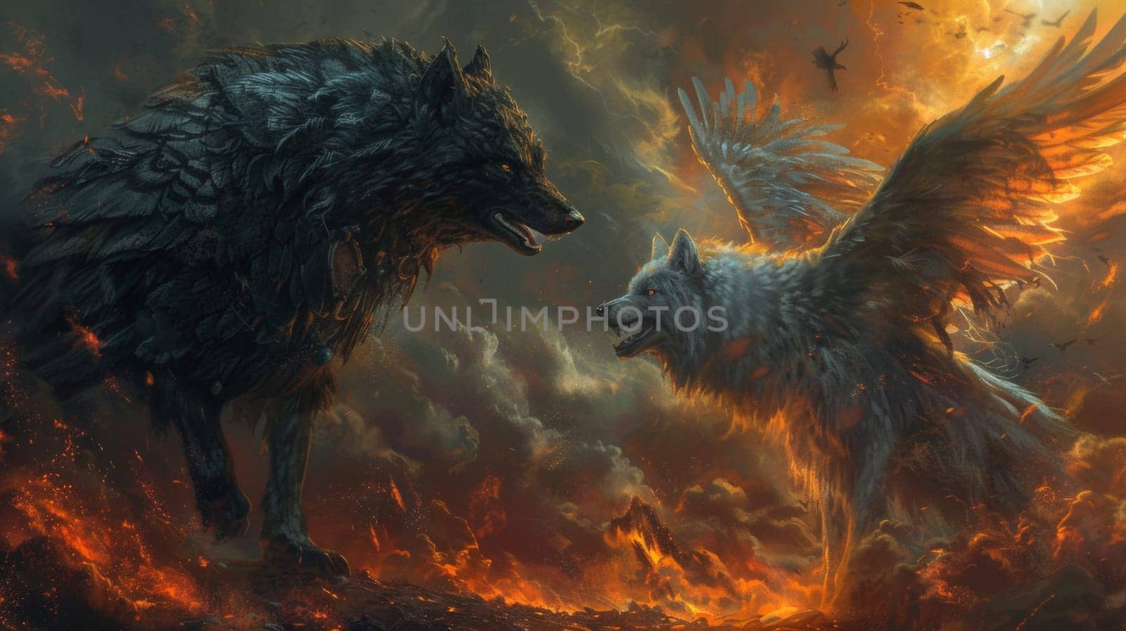 Two wolves fighting in a fiery landscape with flames and fire