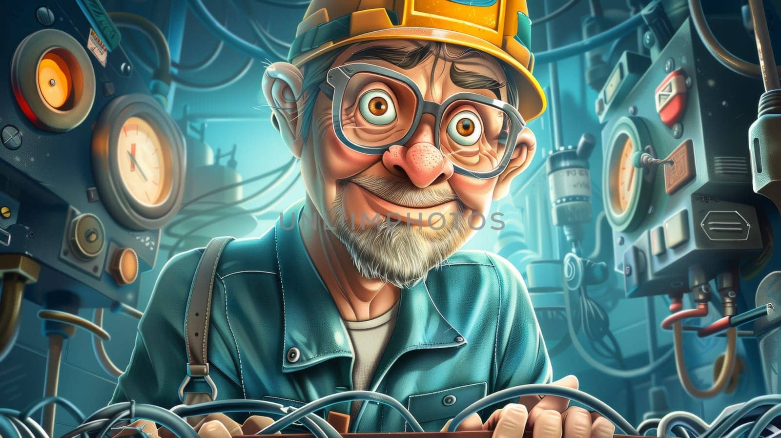 A cartoon of a man in hard hat and goggles standing behind wires, AI by starush