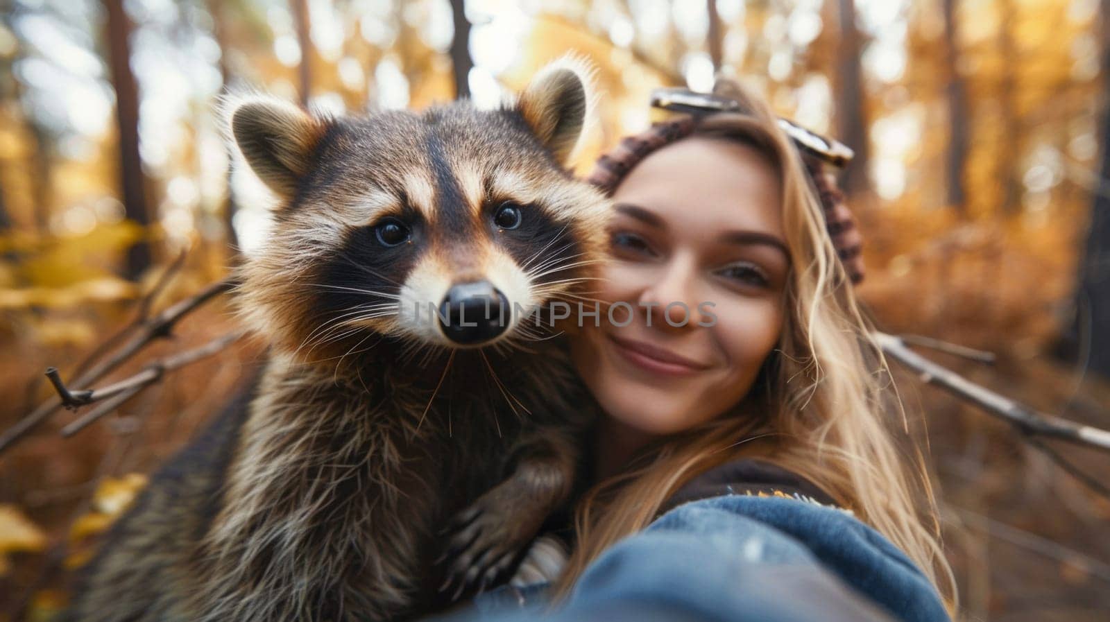 A woman taking a picture of herself with her pet raccoon