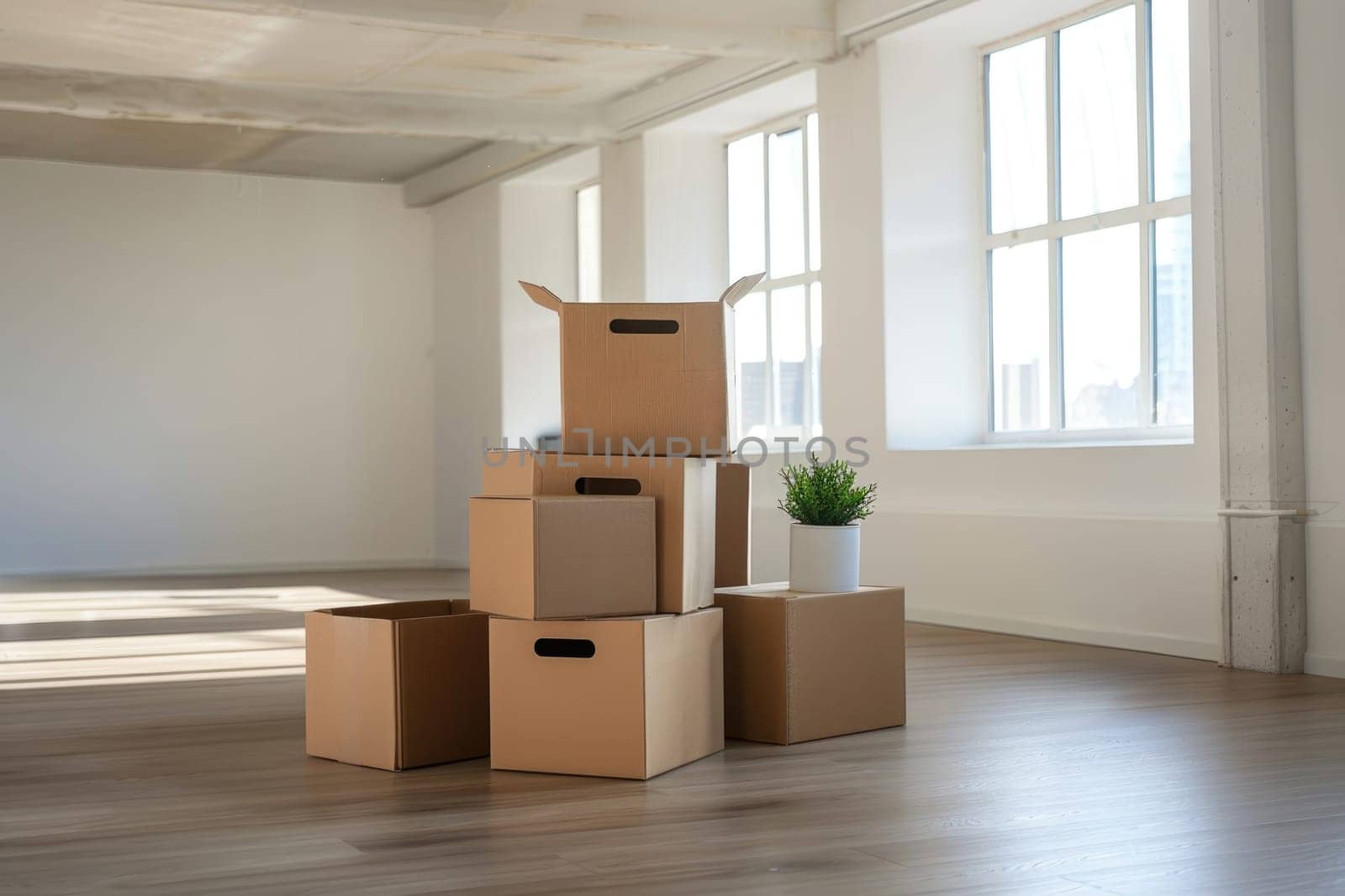 A stack of cardboard boxes and a potted plant are in a room. The boxes are piled on top of each other, and the plant is placed in the middle of the stack. The room appears to be empty