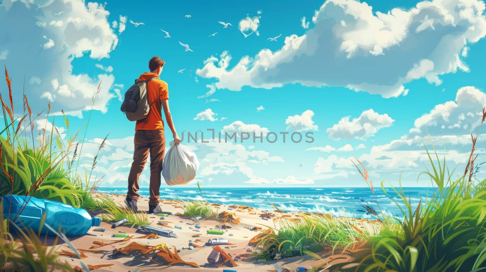 A man with backpack on the beach looking at trash, AI by starush