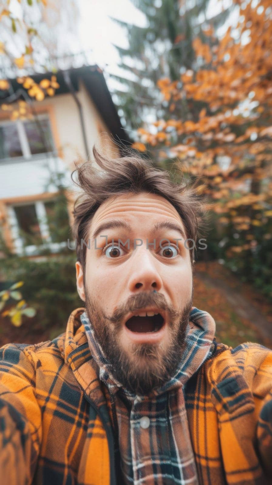 A man with a beard and plaid shirt taking selfie, AI by starush