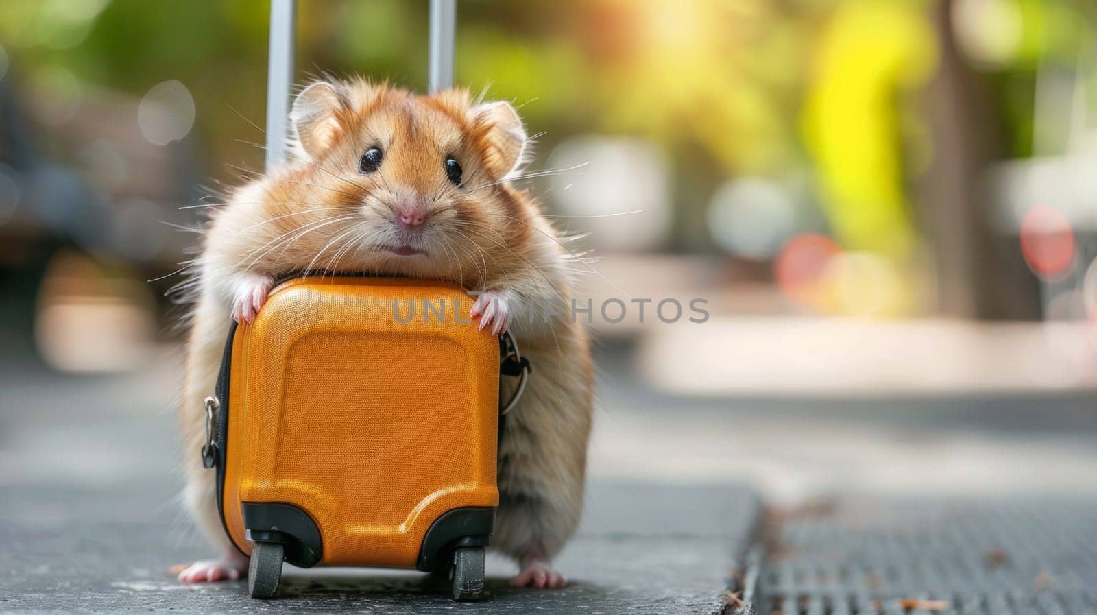 A hamster with a suitcase on its back and holding onto it