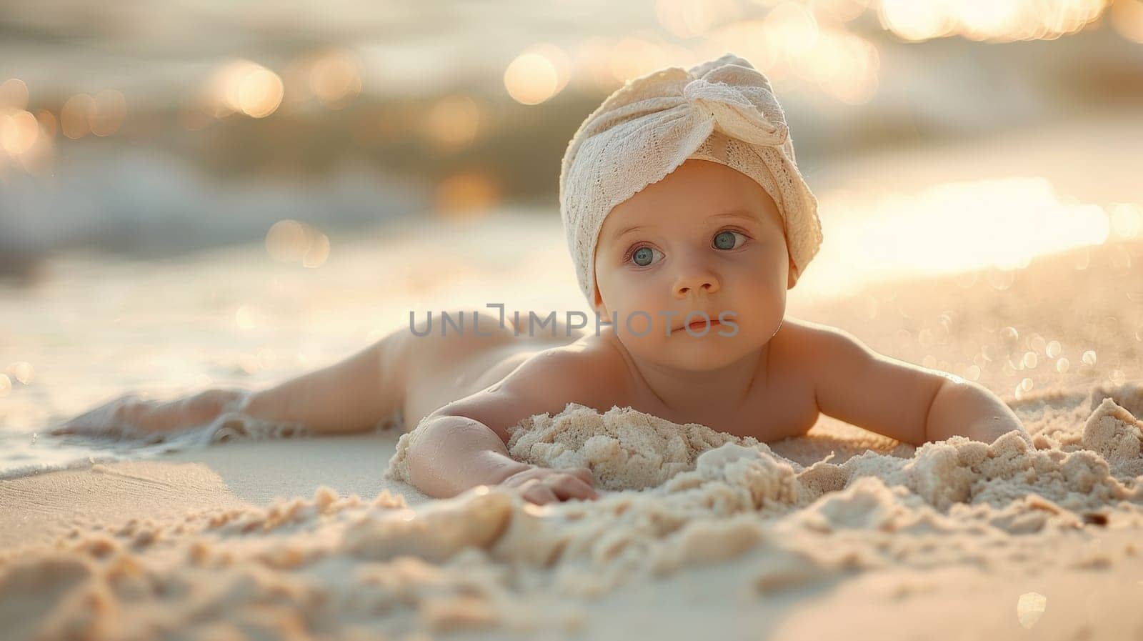 A baby laying on the beach with a towel wrapped around its head, AI by starush