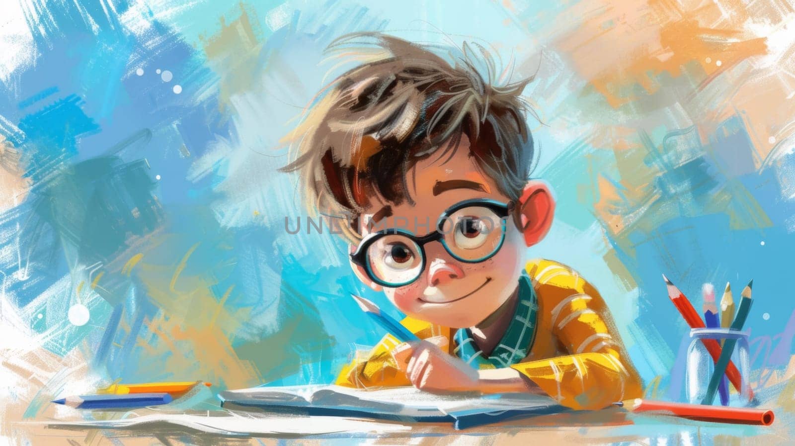 A young boy with glasses writing in a notebook