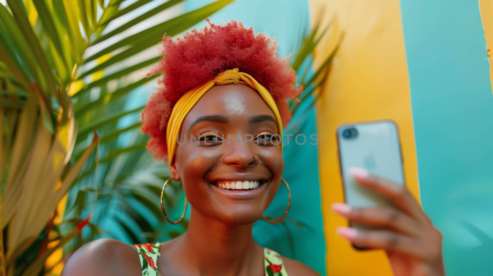 A woman with a red afro holding up her cell phone, AI by starush