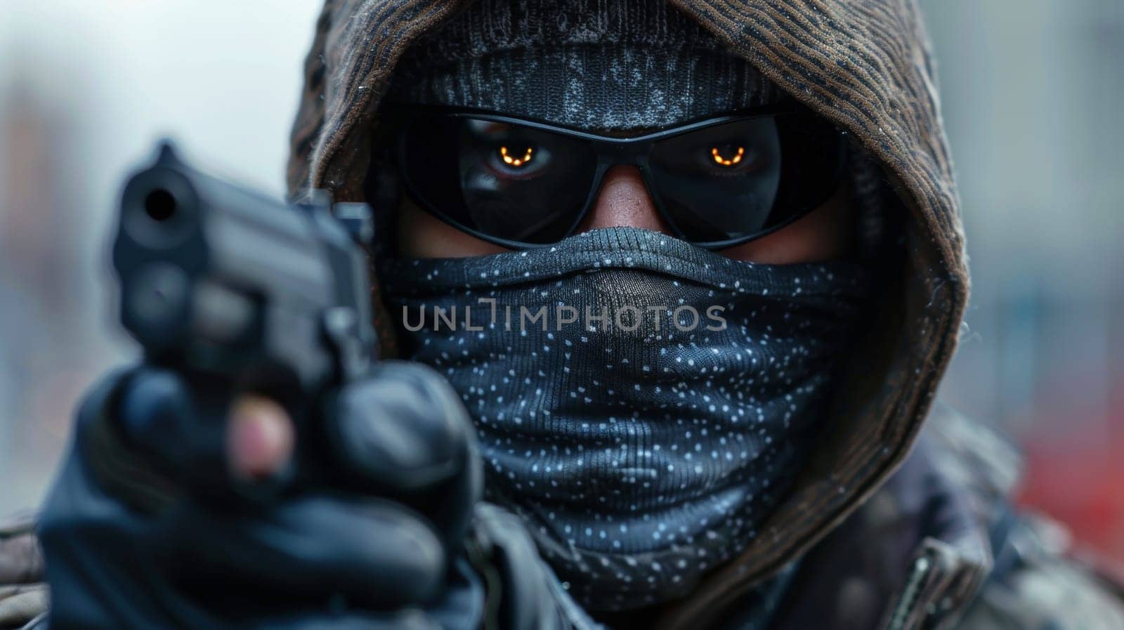 A man in a mask holding up his gun with glowing eyes
