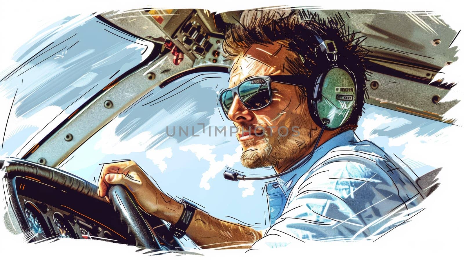 A man in a pilot's uniform with headphones and sunglasses, AI by starush