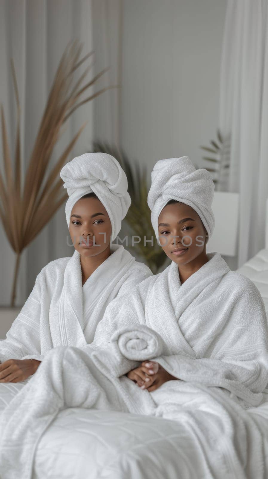 Two women in white robes sitting on a bed together