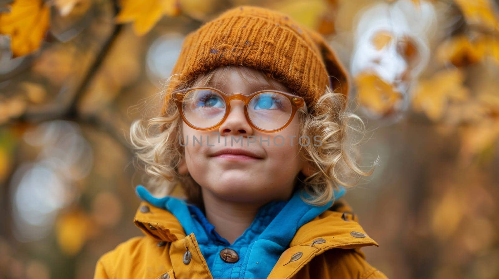 A little boy wearing a hat and glasses with leaves in the background