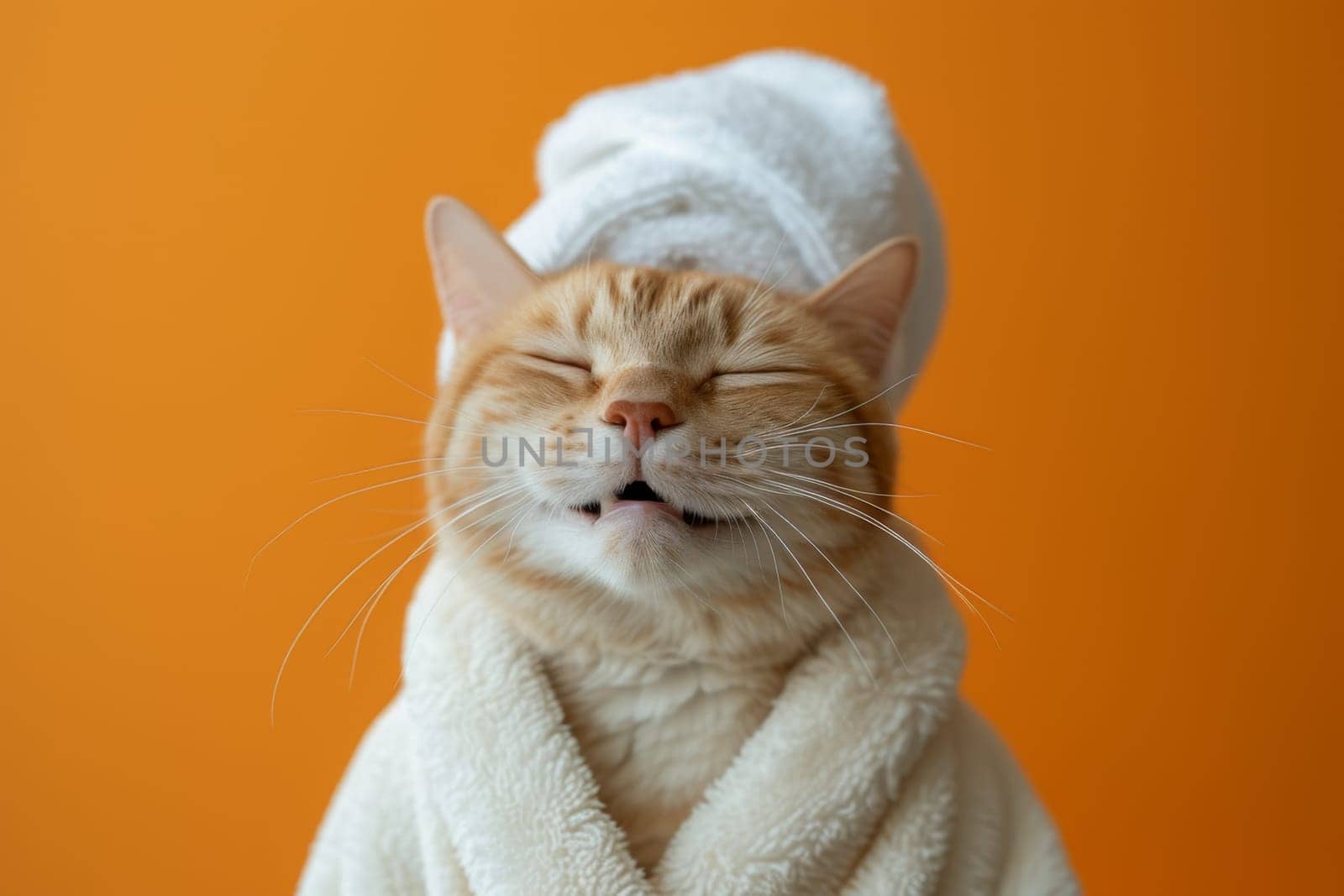 A happy morning image. A red-haired cat in a bathrobe and with a towel on his head rejoices on an orange background.