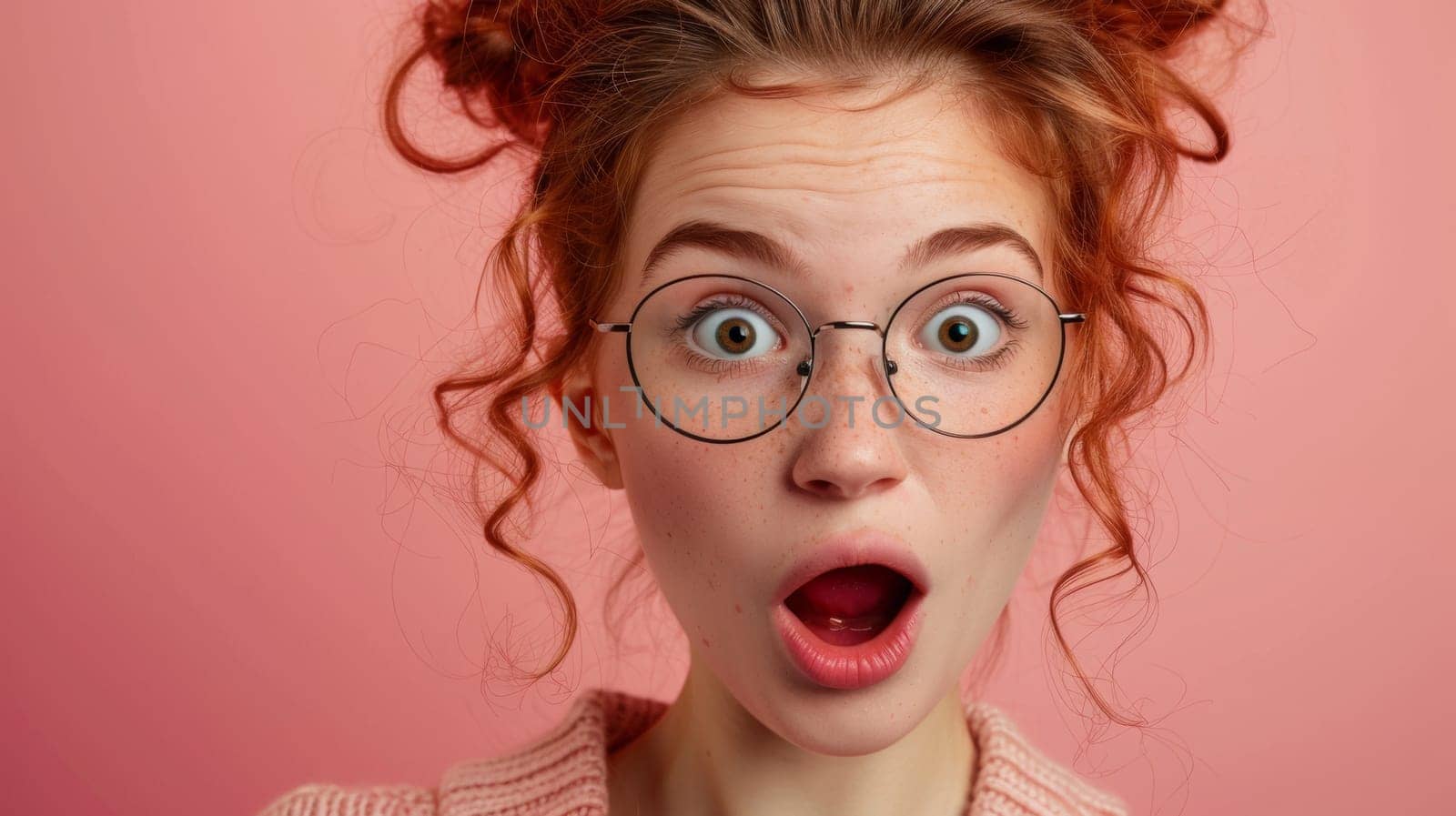 A woman with glasses and red hair making a surprised face, AI by starush