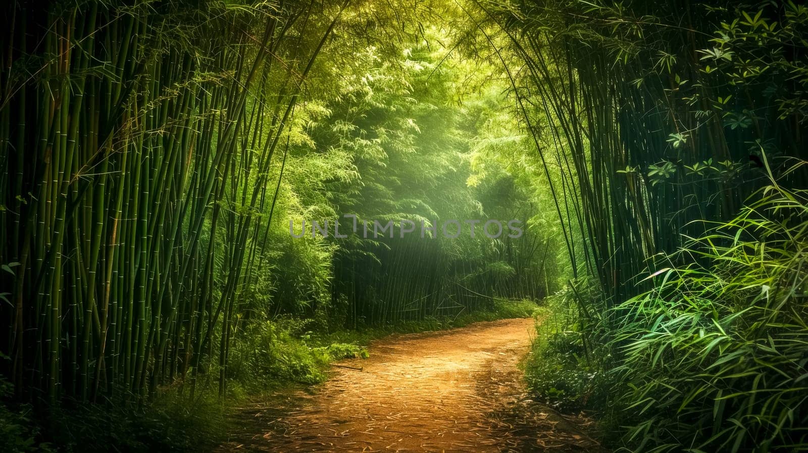 Serene, mystical pathway surrounded by a lush bamboo forest under a soft mist by Edophoto
