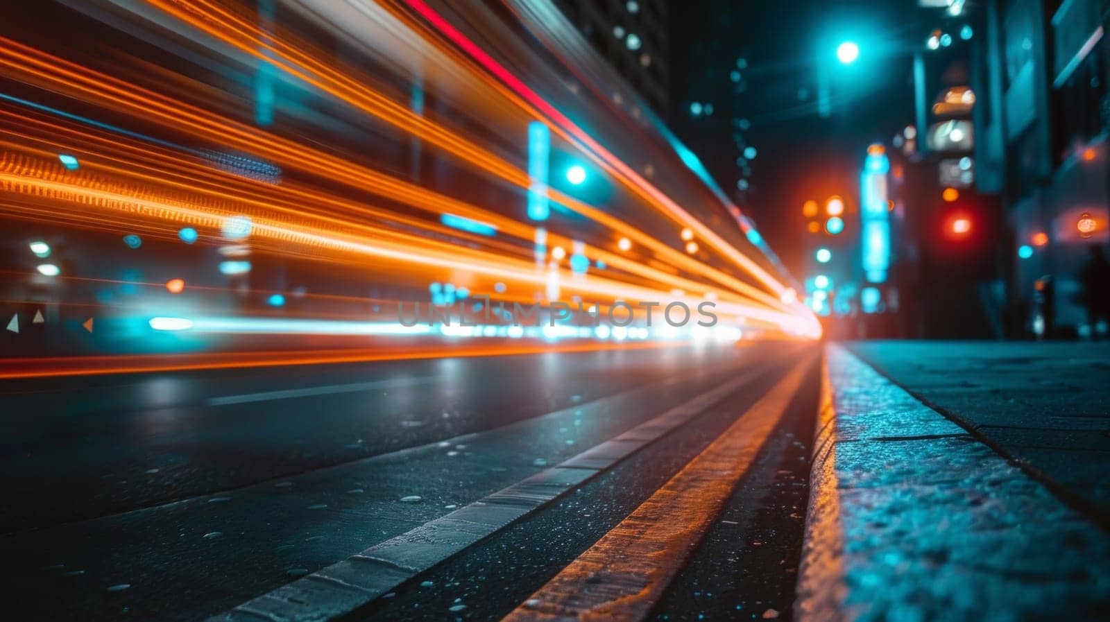 A blurry photo of a city street at night with cars and lights, AI by starush