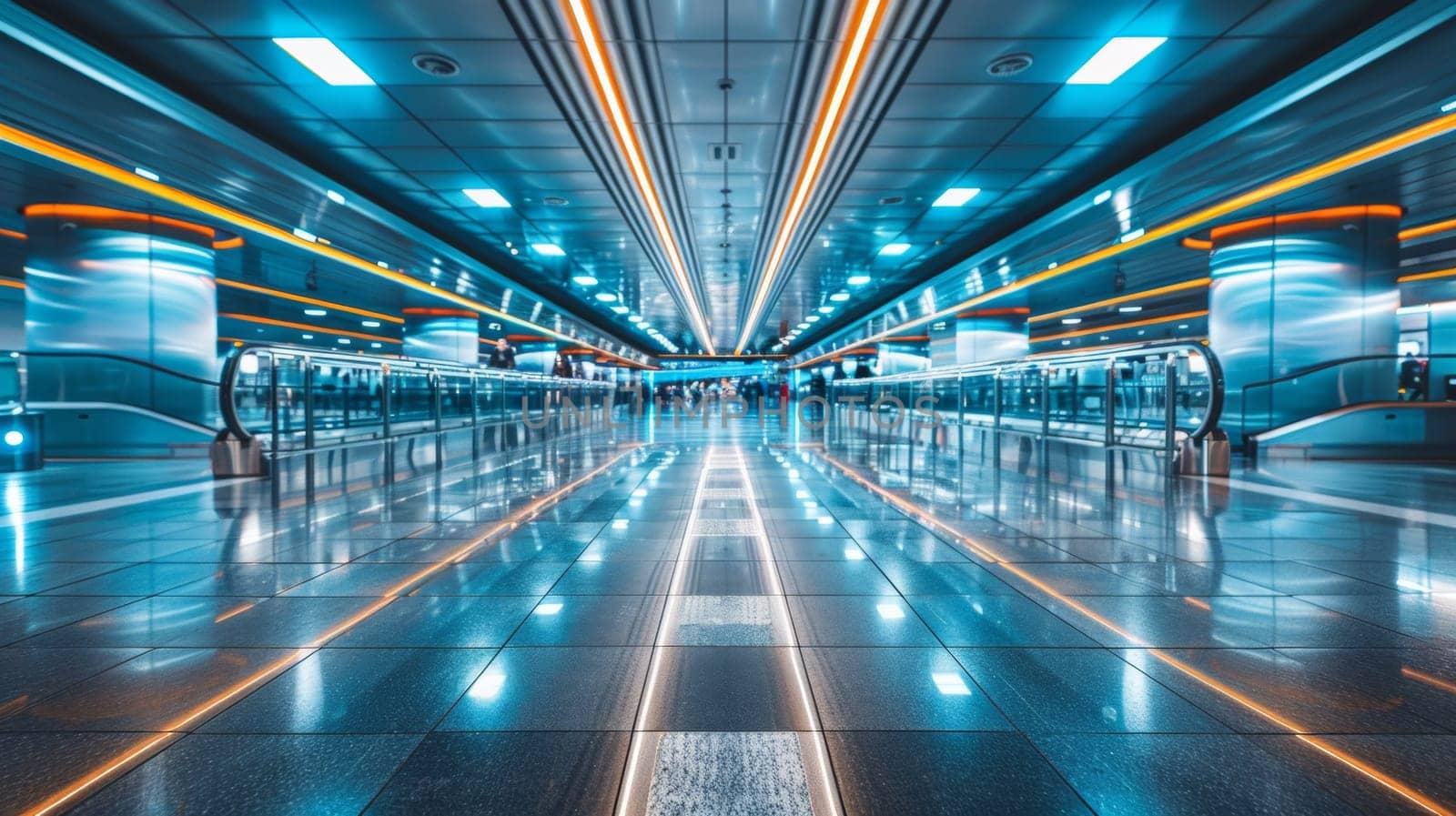 A long hallway with a lot of lights and people