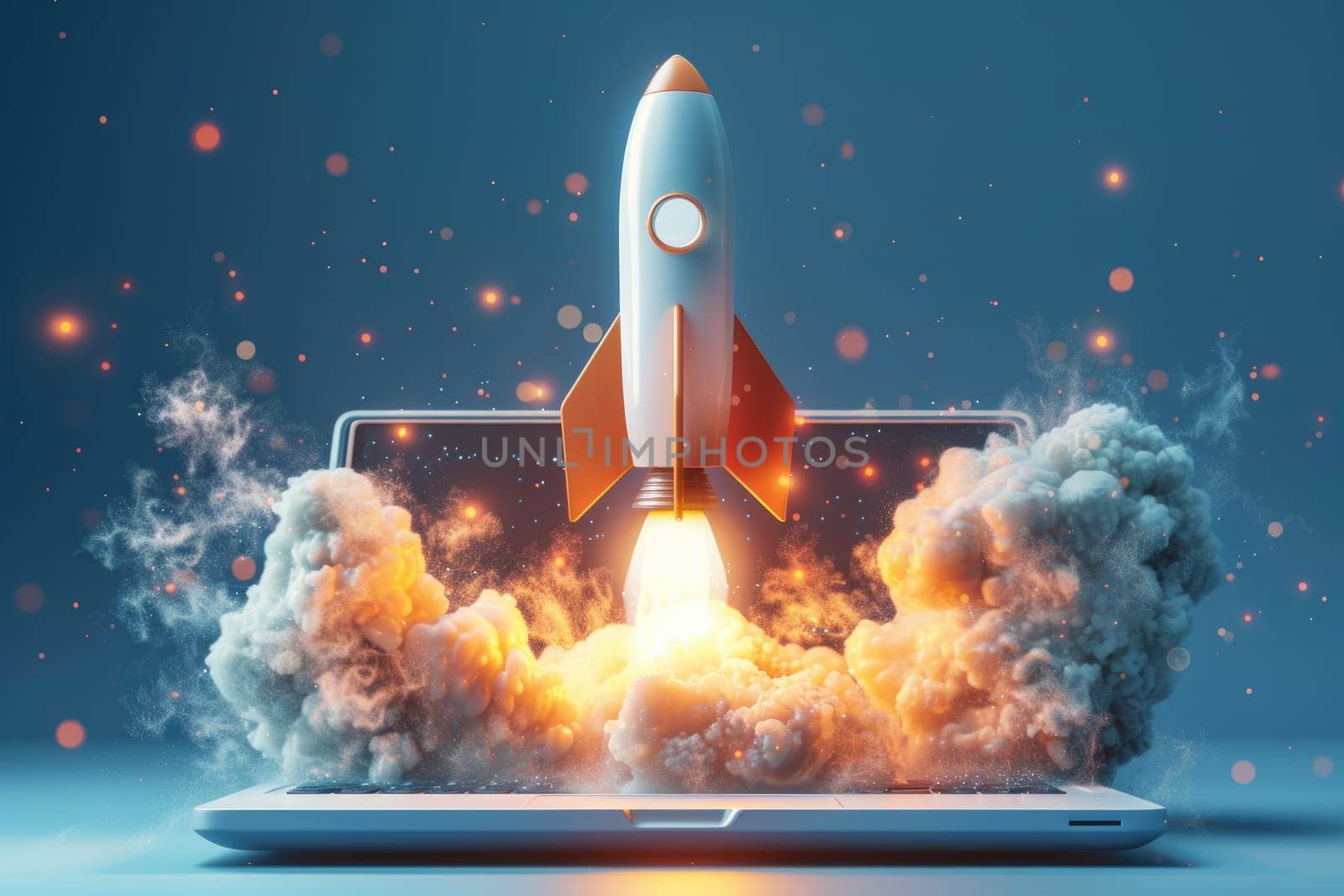 A white rocket is launching into the sky, with a laptop screen showing the launch. Concept of excitement and wonder, as well as the power of technology and human achievement