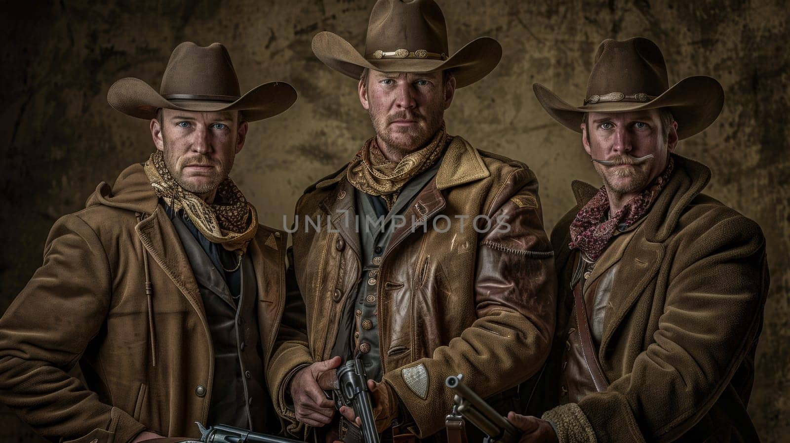 Three men in cowboy hats and suits holding guns together