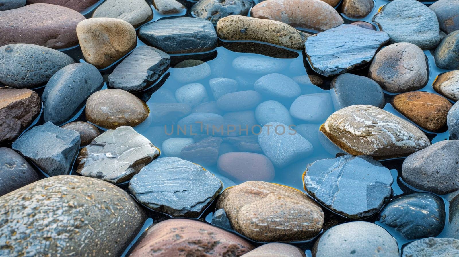 A small blue pool surrounded by rocks and pebbles