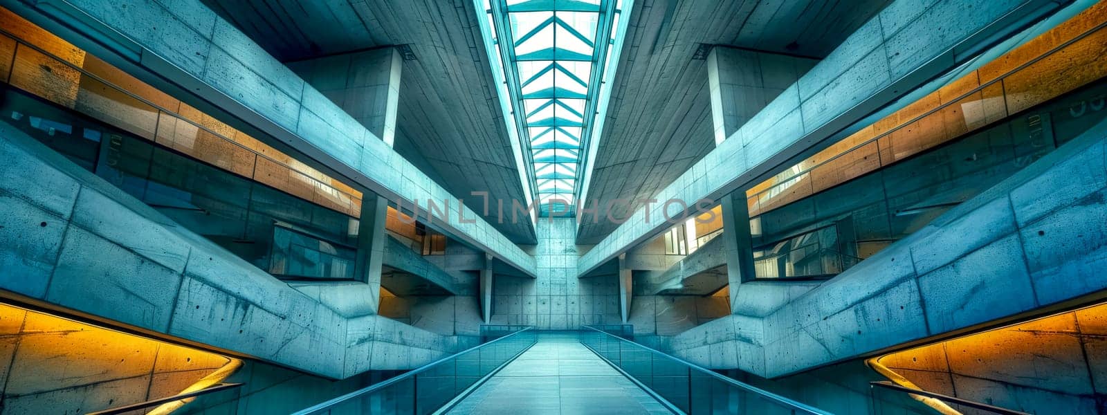 Futuristic symmetrical corridor with blue skylights by Edophoto