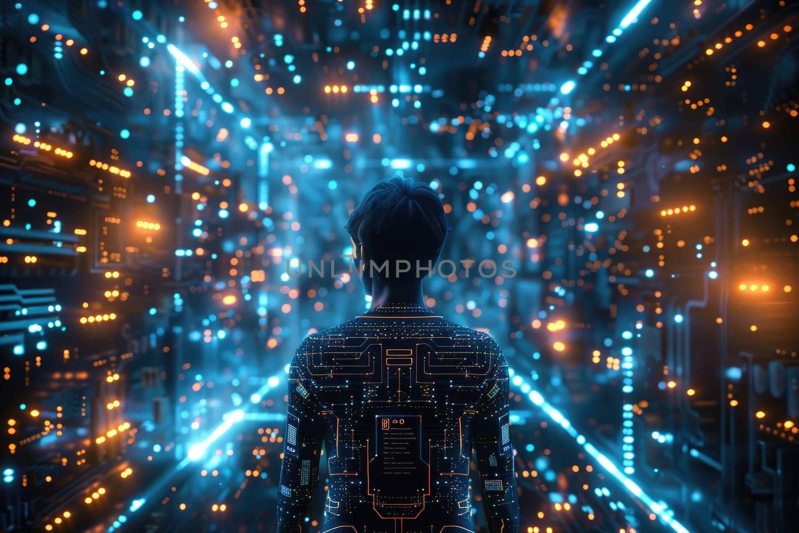 A man in a suit stands in a room full of glowing lights. The room is filled with a sense of wonder and awe, as if the man is in a futuristic world