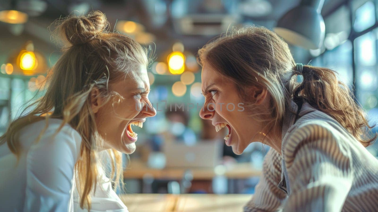 Two women laughing at each other in a restaurant, AI by starush