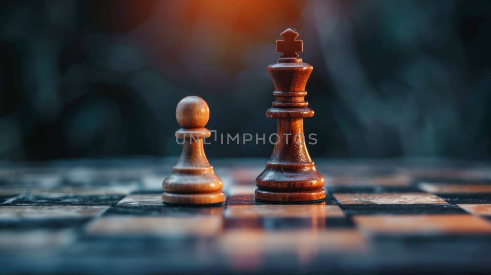 Two chess pieces are standing next to each other on a checkered board, AI by starush