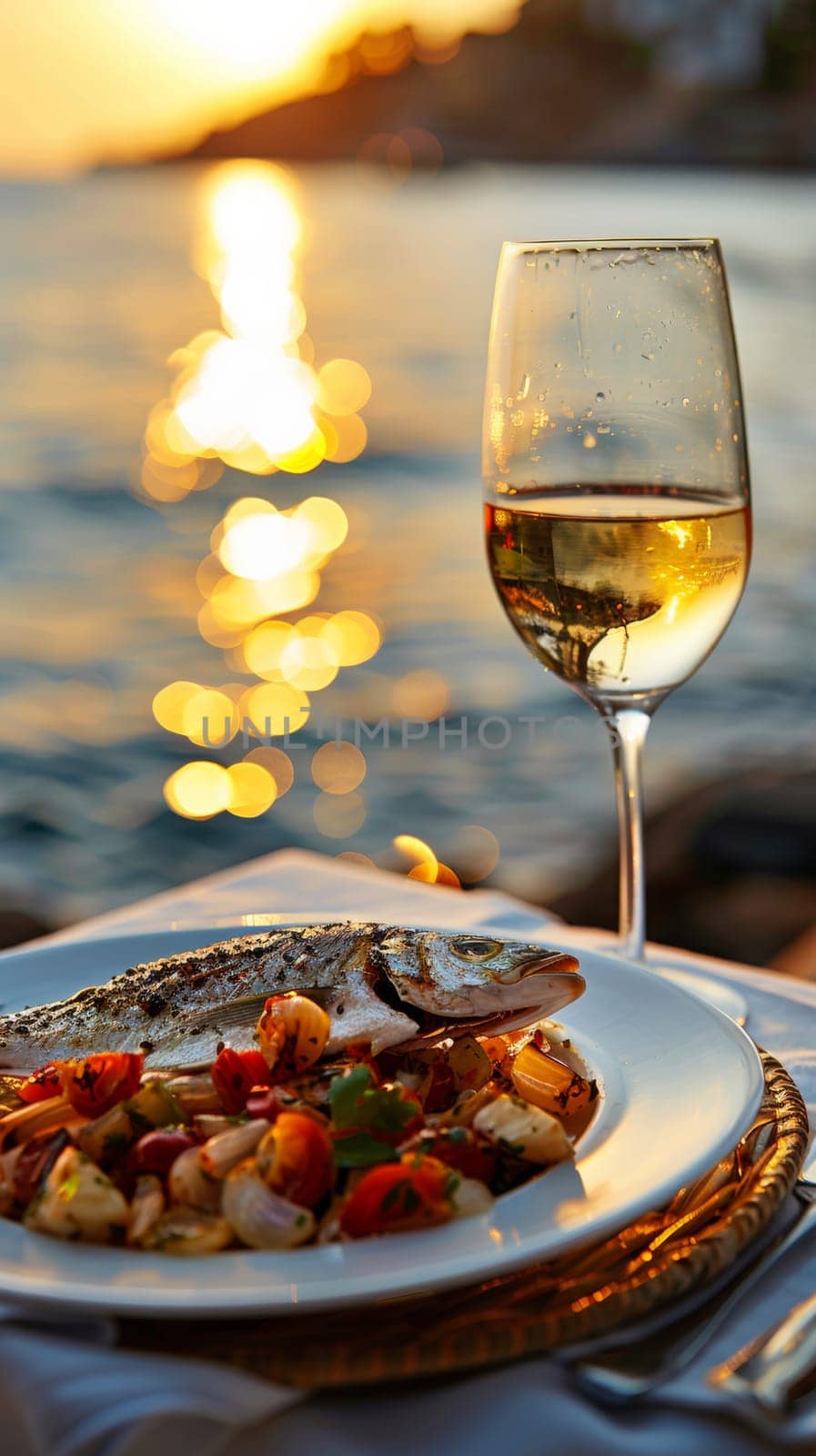 A plate of fish and wine on a table next to the ocean
