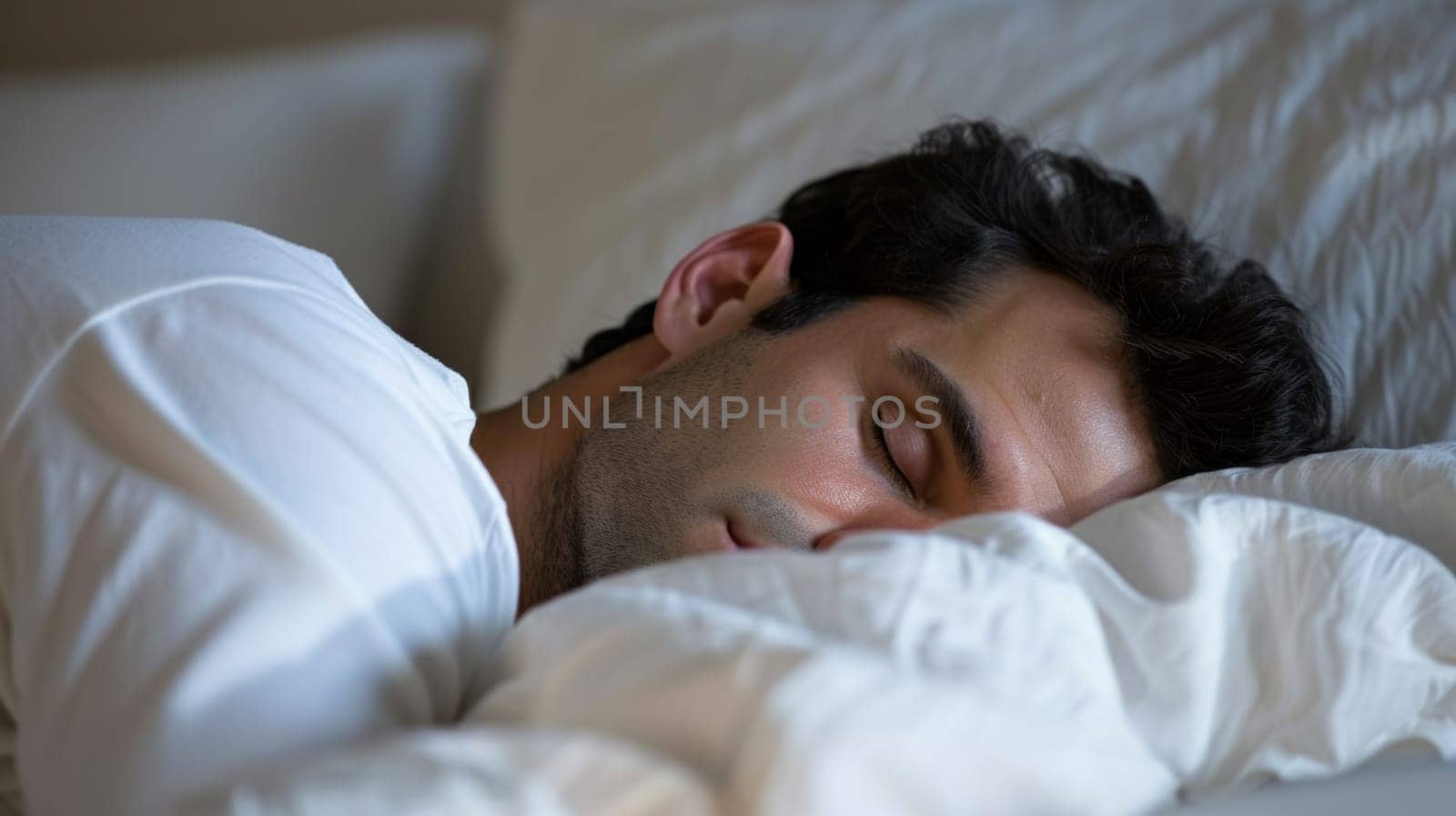 A man sleeping on a bed with white sheets and pillows