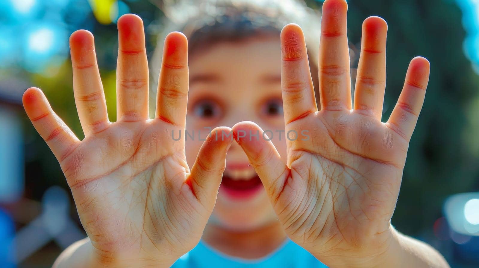 A young child with hands outstretched in front of a camera