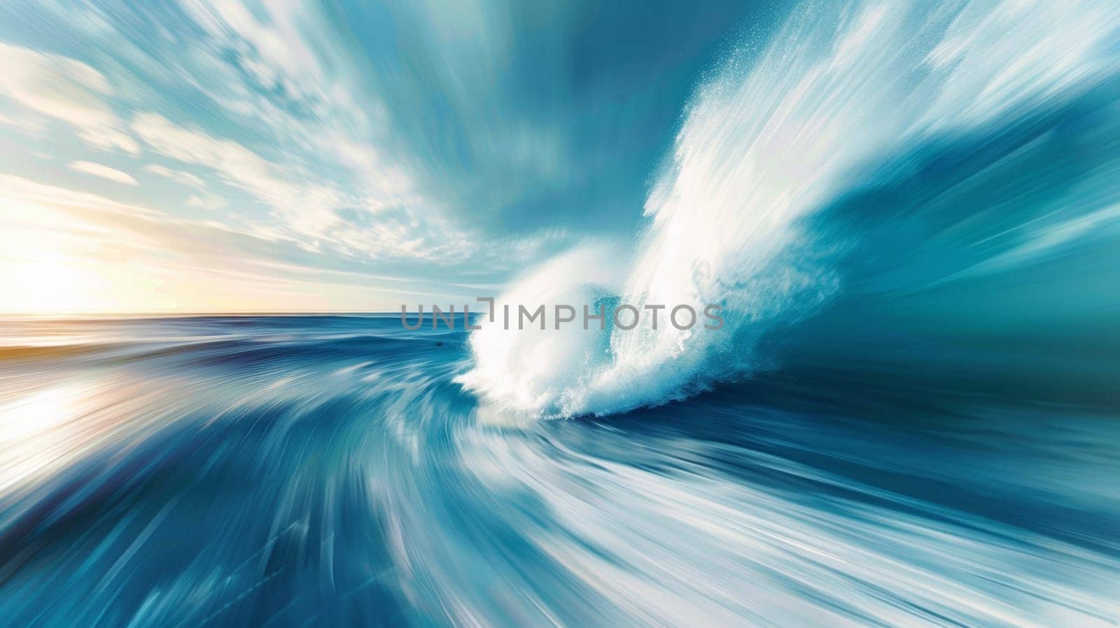 A large wave crashing into the ocean in a blurry photo, AI by starush
